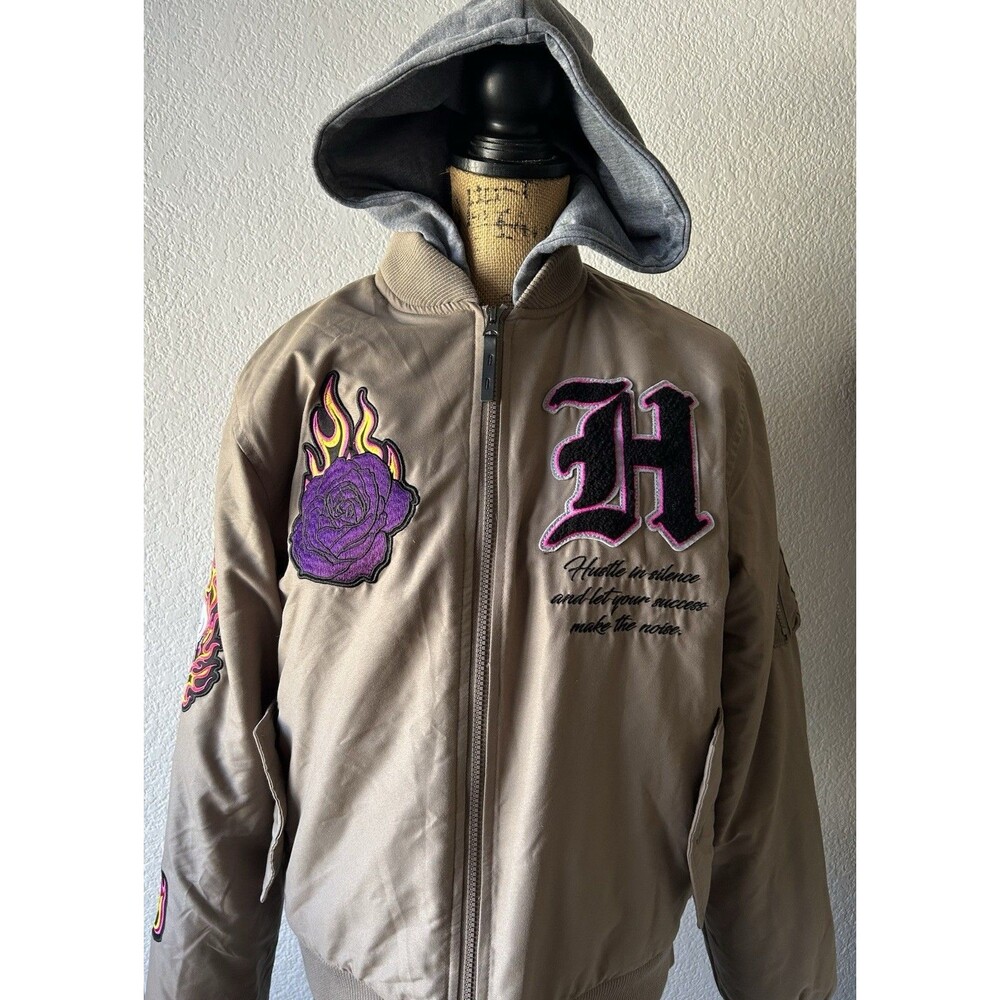 NWT Ring of Fire Men's Full Zip Hooded Patched Flight Jacket Brown Size Medium